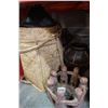 Image 1 : WICKER BACK PACK, LANTERN, FRIENDLY CIRCLE CANDLE HOLDER, AND BOX OF DECOR