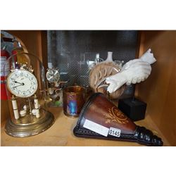 DOME CLOCK, GLASS VASE AND BOWL, HANDSHAKE FIGURE, AND WALL SCONCE