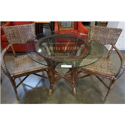 ROUND WICKER GLASSTOP DINING TABLE W/ 2 CHAIRS