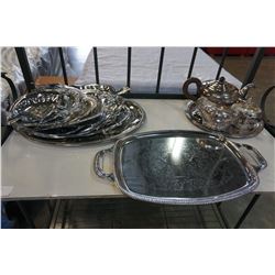 SILVER PLATE TEAPOT, CREAM AND SUGAR, AND SERVING TRAY