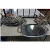 Image 1 : SILVER PLATE TEAPOT, CREAM AND SUGAR, AND SERVING TRAY