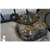 Image 2 : SILVER PLATE TEAPOT, CREAM AND SUGAR, AND SERVING TRAY