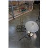 Image 1 : BRUSHED METAL TABLE LAMP W/ GLASS SHADE AND METAL RACKS