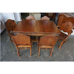 ANTIQUE WALNUT DINING TABLE AND 6 LEATHER SEAT CHAIRS