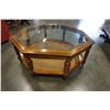 Image 1 : WOOD AND GLASS TOP OCTAGON COFFEE TABLE W/ RATTAN SHELF