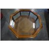 Image 3 : WOOD AND GLASS TOP OCTAGON COFFEE TABLE W/ RATTAN SHELF