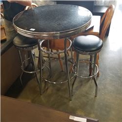 BLACK AND CHROME BAR HEIGHT TABLE WITH 2 BLACK LEATHER AND CHROME BAR STOOLS