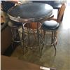 Image 1 : BLACK AND CHROME BAR HEIGHT TABLE WITH 2 BLACK LEATHER AND CHROME BAR STOOLS
