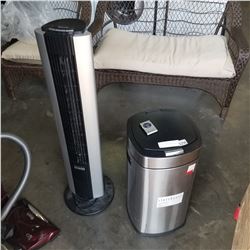 STAINLESS GARBAGE CAN AND BIONAIRE TOWER FAN WITH REMOTE