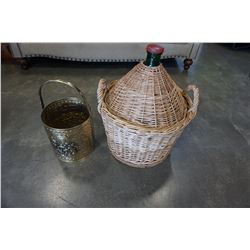 RATTAN AND GLASS CARBOY AND BRASS FIRE BUCKET