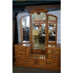 OAK DOUBLE DRESSER VANITY W/ MIRROR