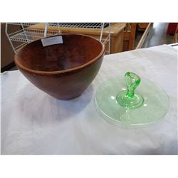 LARGE TEAK BOWL AND GREEN GLASS PLATTER