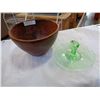 Image 1 : LARGE TEAK BOWL AND GREEN GLASS PLATTER