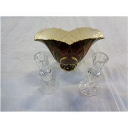 ROUGE ROYALE VASE AND 2 CRYSTAL CANDLESTICKS
