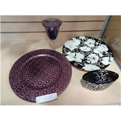 DECORATIVE PLATTER, DIFUSER, AND BOX OF PURPLE CHARGER PLATES