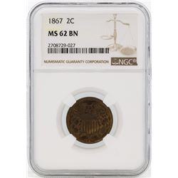 1867 Two Cent Piece Coin NGC MS62 BN