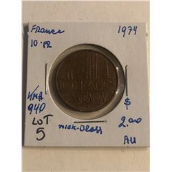 1974 France 10 Franc AU High Grade Grade KM 940