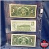 Image 2 : Canada $1 Bills - Sheet of 3: 1937 Gordon/Towers RL 3398824; 1973 Crow/Bouey ECF2143410; 1937 Coyne/