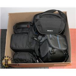 BOX OF ASSORTED CAMERA BAGS/CASES.