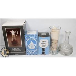 LARGE ESTATE BOX OF NEW AND USED DECANTERS,