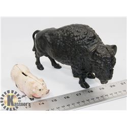TWO CAST IRON COIN BANKS:  ONE BUFFALO,