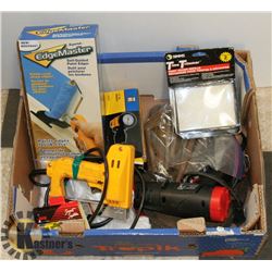 BOX OF PAINTING ITEMS, SHOP SAW BLADES, ALLEN KEYS