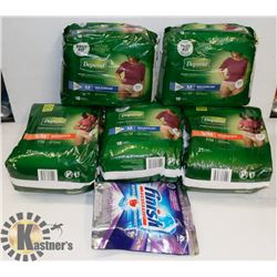 BAG OF ASSORTED DEPENDS AND DISH TABS