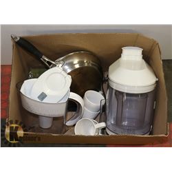 BOX WITH BRAUN JUICER, BRITA WATER FILTER, DISHES,
