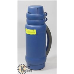 BLUE THERMOS W/2 CUP TOP AND SIDE CARRY