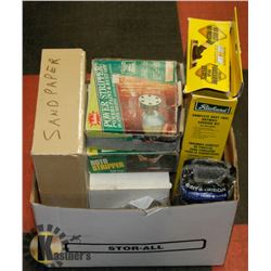BOX OF ASSORTED SANDING PAPER AND EQUIPMENT