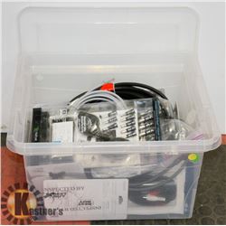 PLASTIC BIN OF COMPUTER/ELECTRONIC ACCESSORIES