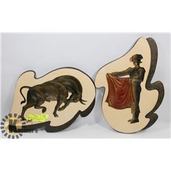 VINTAGE SPANISH BULL FIGHTER AND BULL WALL PLAQUES