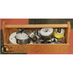 WOOD TOOL BOX WITH ASSORTED HOLE SAW CUTTERS