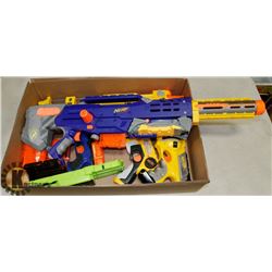 BOX W/ VARIOUS NERF GUNS AND EXTRA MAGS.