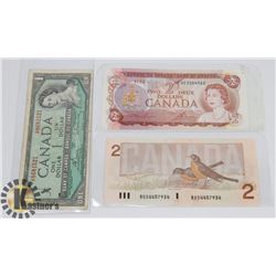 LOT OF 3 CANADA BILLS 1974 $2, 1986 $2, 1954 $1