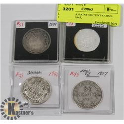 LOT OF 4 CANADA 50 CENT COINS, 1996, 1907, 1943,