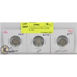 LOT OF 3 CANADA 10 CENT COINS 1914, 1918, 1920