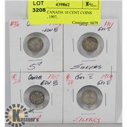 LOT OF 4 CANADA 10 CENT COINS 1905, 1911, 1907,