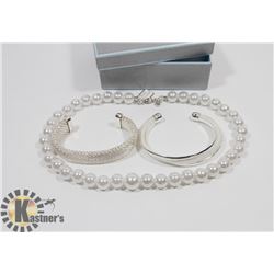 3PC SILVER PLATED BANGLES & PEARL CHAIN.
