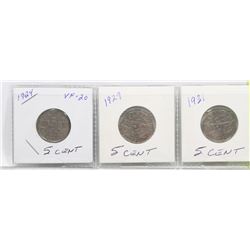 1924, 1929, 1931 CANADIAN 5 CENT COINS.