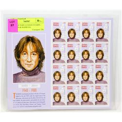 SHEET OF JOHN LENNON STAMPS - ANTIGUA & BARBUDA.