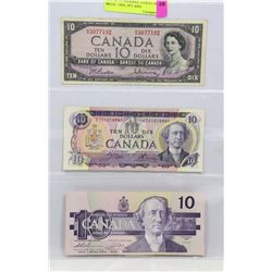 LOT OF 3 CANADIAN 10 DOLLAR BILLS - 1954, 1971 AND