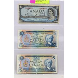 LOT OF 3 CANADIAN 5 DOLLAR BILLS - 1954, 1972 AND