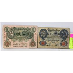 LOT OF 2 GERMAN BANK NOTES - 20 MARKS 1908, 50