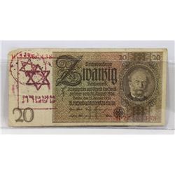 GERMAN WWII 20 MARKS STAMPED JUDE BANKNOTE.