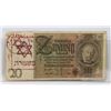 Image 1 : GERMAN WWII 20 MARKS STAMPED JUDE BANKNOTE.