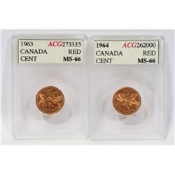 CANADIAN 1963 AND 1964  ACG GRADED MS-66 PENNIES.