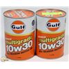 Image 1 : 2 VINTAGE GULF FULL CARDBOARD CANS OF 10W30 MOTOR
