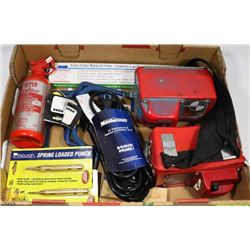 FLAT OF SURVEY TOOLS,  FIRE EXTINGUISHER AND MORE