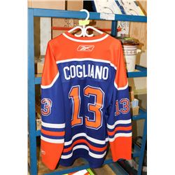 OILERS #13 COGLIANO JERSEY SZ XL HAS BEEN WORN